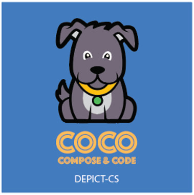 Compose and Code Logo contains a dog sitting on the name COCO